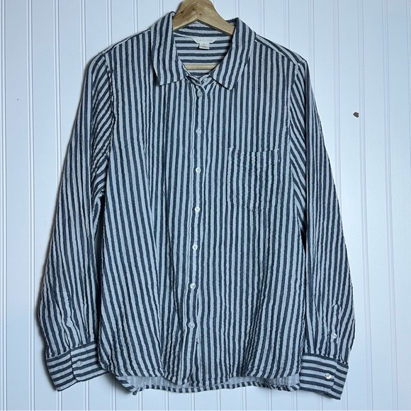Caslon Tops - Caslon Grey  and White Striped Women’s 's Long Sleeves Shirt Cotton XL